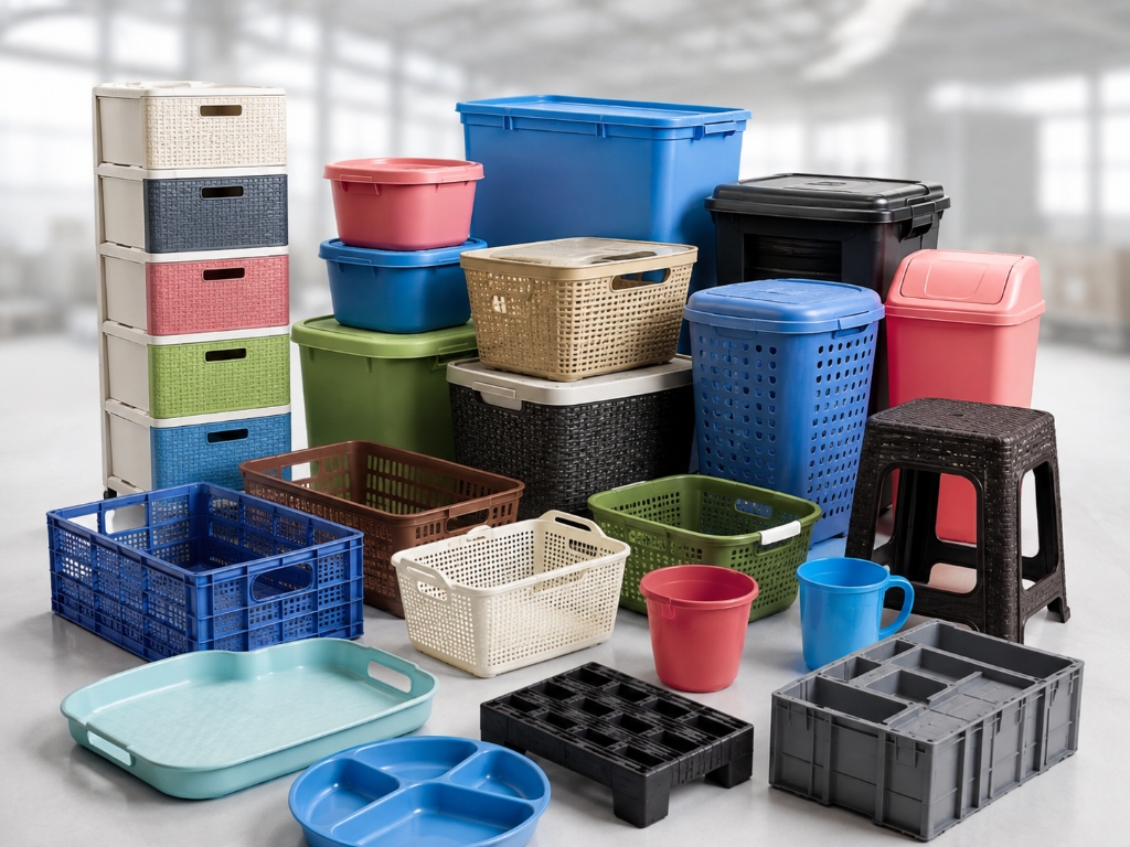 Versatile plastic household drawers, storage bins, laundry baskets, crates, and stools