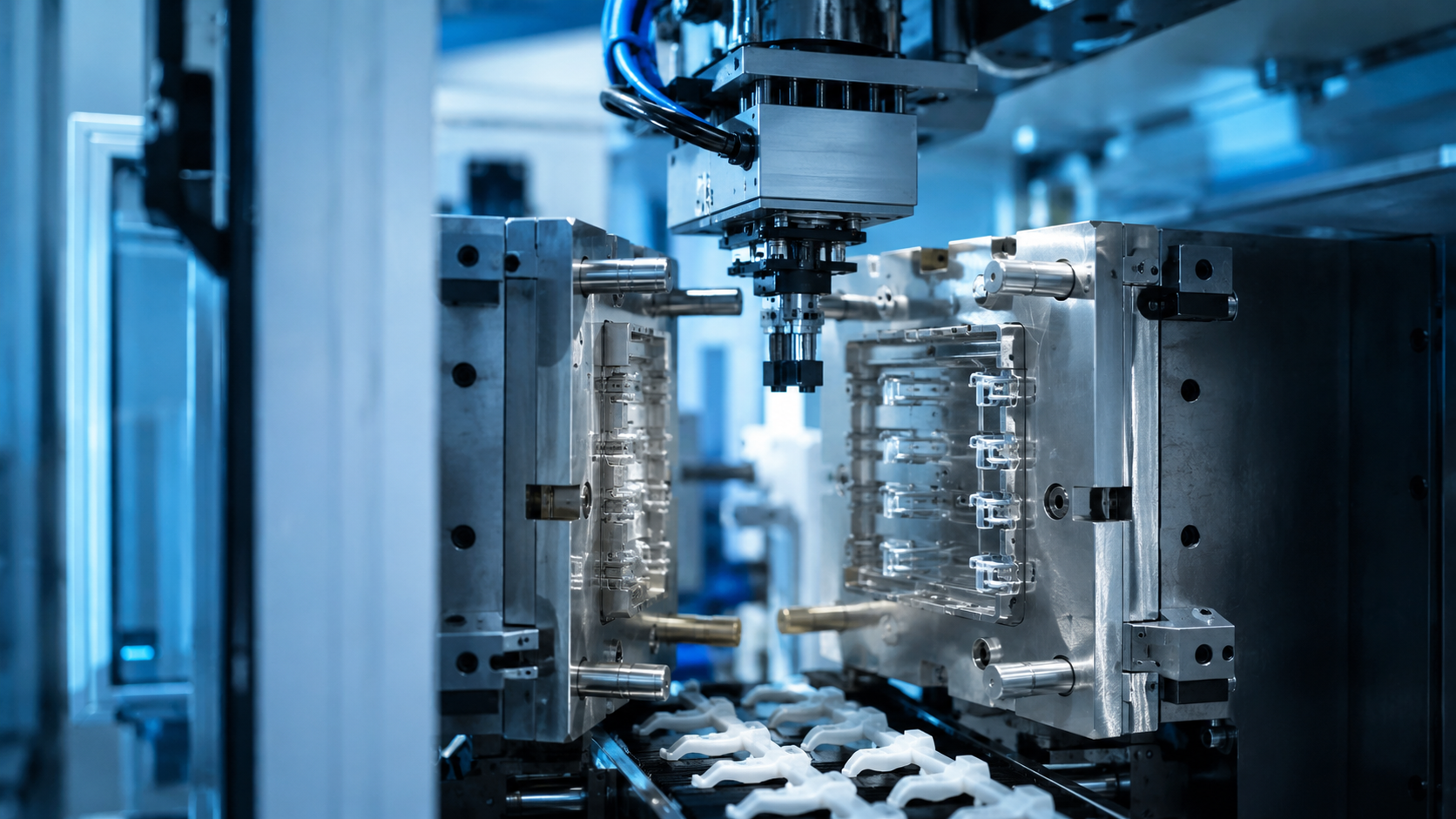 Close-up view of precision injection moulding machinery and mould tooling