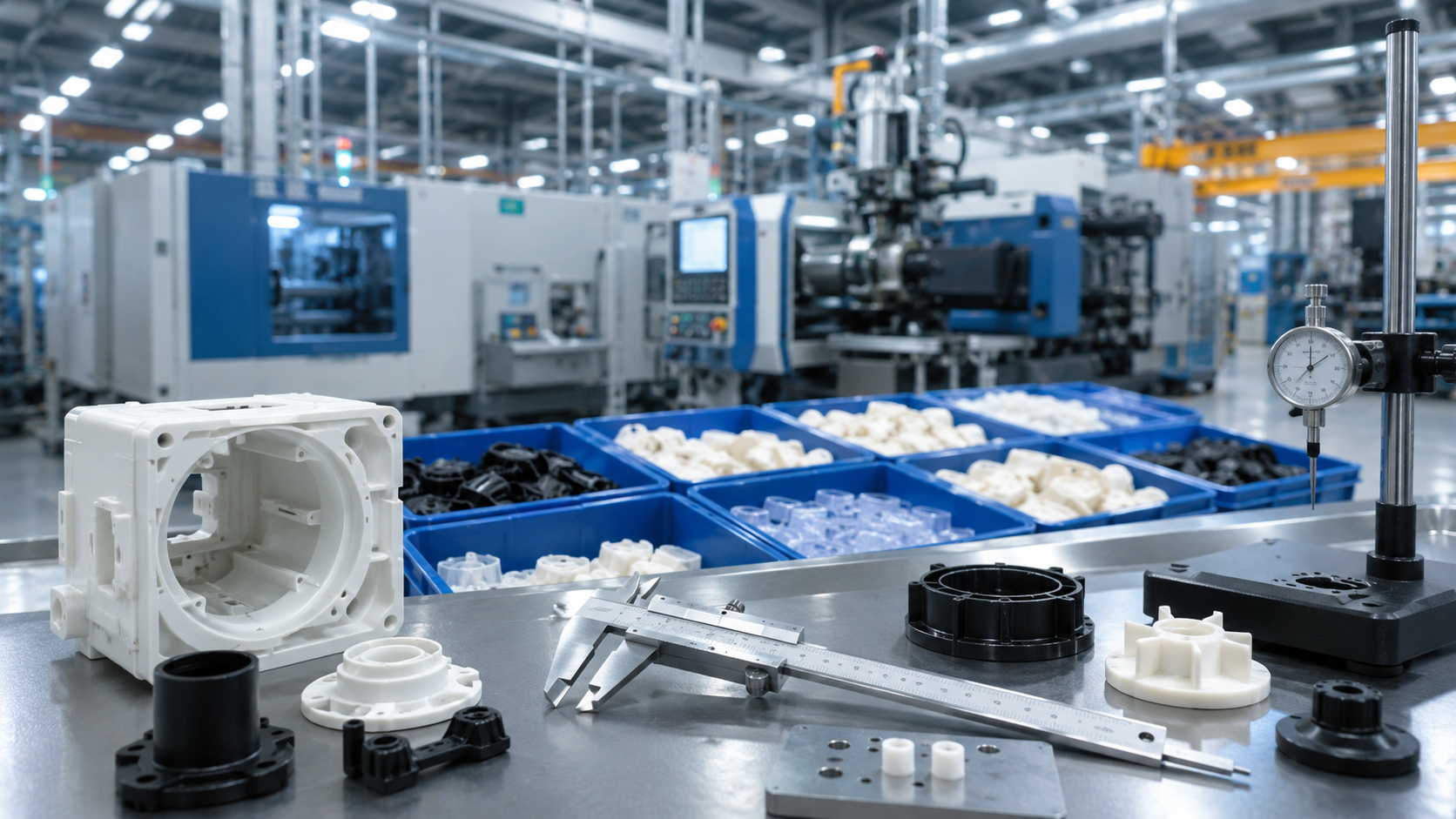 Precision plastic components arranged at a modern quality inspection station